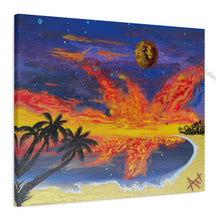 Load image into Gallery viewer, Canvas print of a fiery orange sunset over a beach with palm trees silouhettes, and the moon and planets.